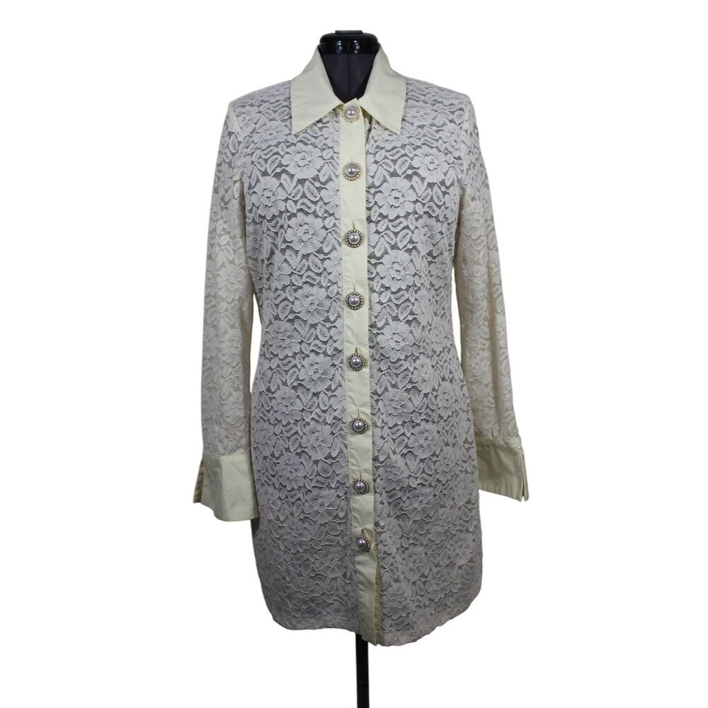 Anthropologie Corey Lynn Carter women's cream sheer lace button shirt dress FLAW